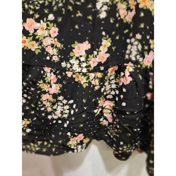 Everly Hanna Black Floral Short Dress Top V-Neck Long Sleeve Bohemian Women's M - Picture 4 of 9